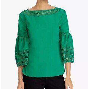 RALPH LAUREN Womens Green Laser Cut Bell Sleeve Poplin Boat Neck Top 3X
